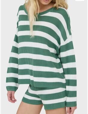 J.O.A. Green & White Striped Oversized Slouchy Knit Pullover Sweater Large NEW